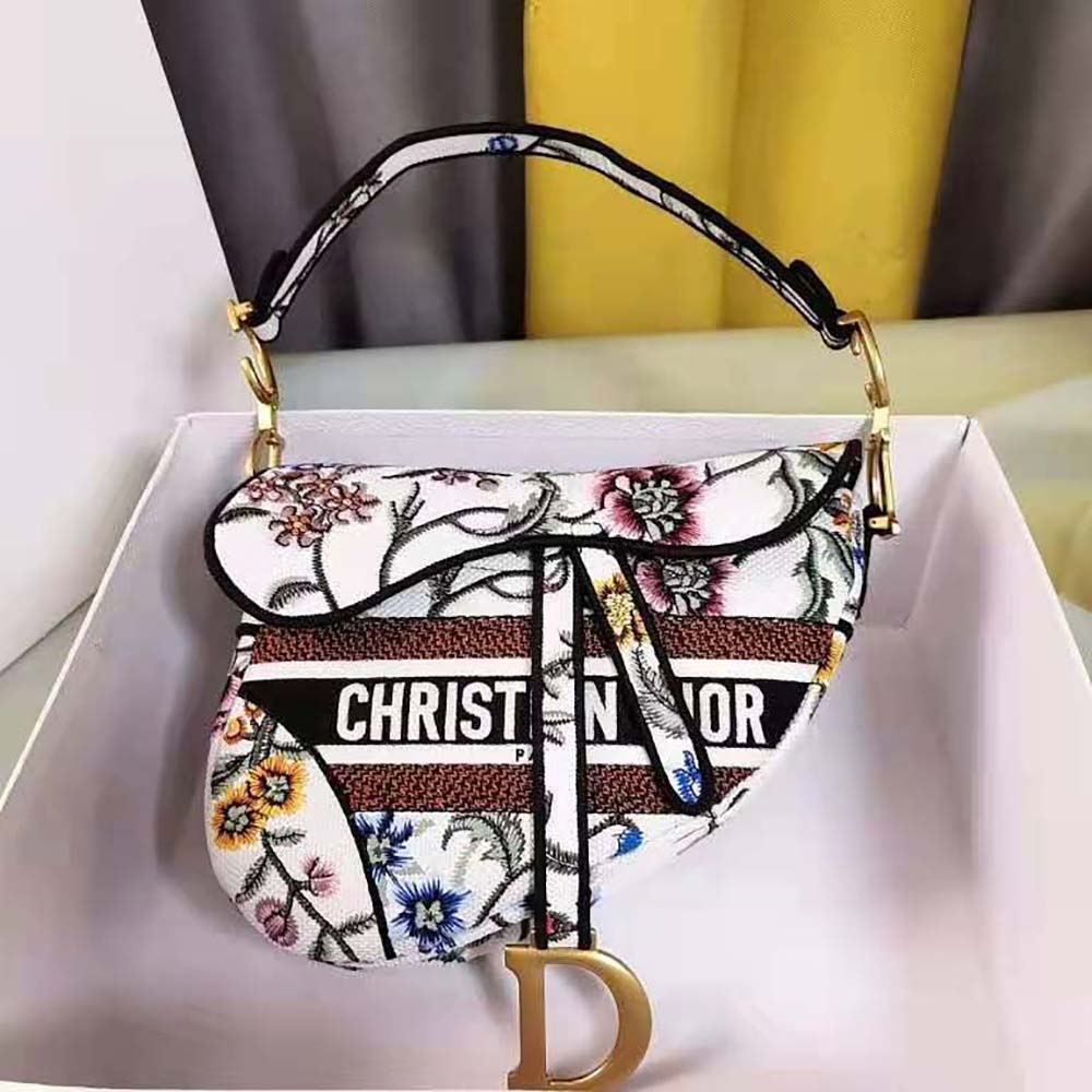 Close-up of floral embroidery on Dior Women Saddle Bag White Multicolor Dior Petites Fleurs Embroidery