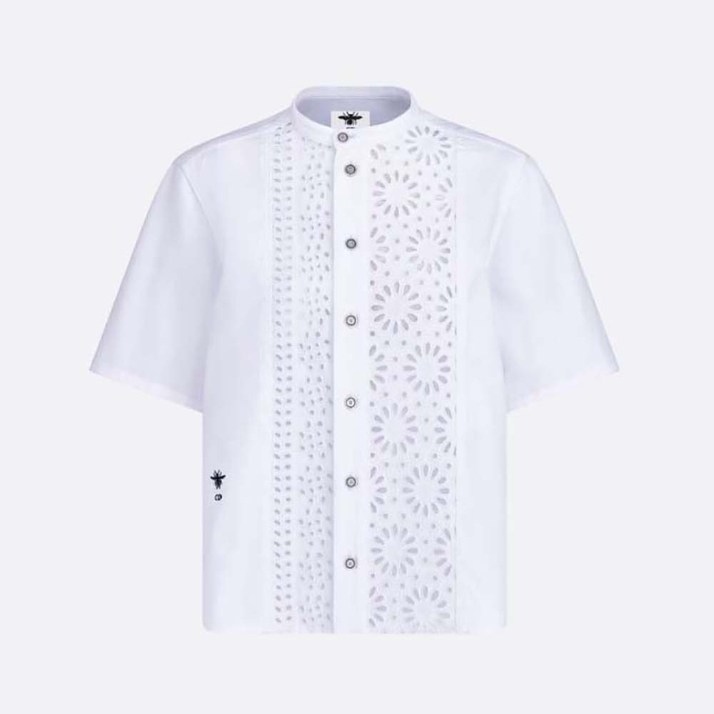 Front view of Dior Women Short Buttoned Blouse White Cotton Denim with Saint-Gall Motif