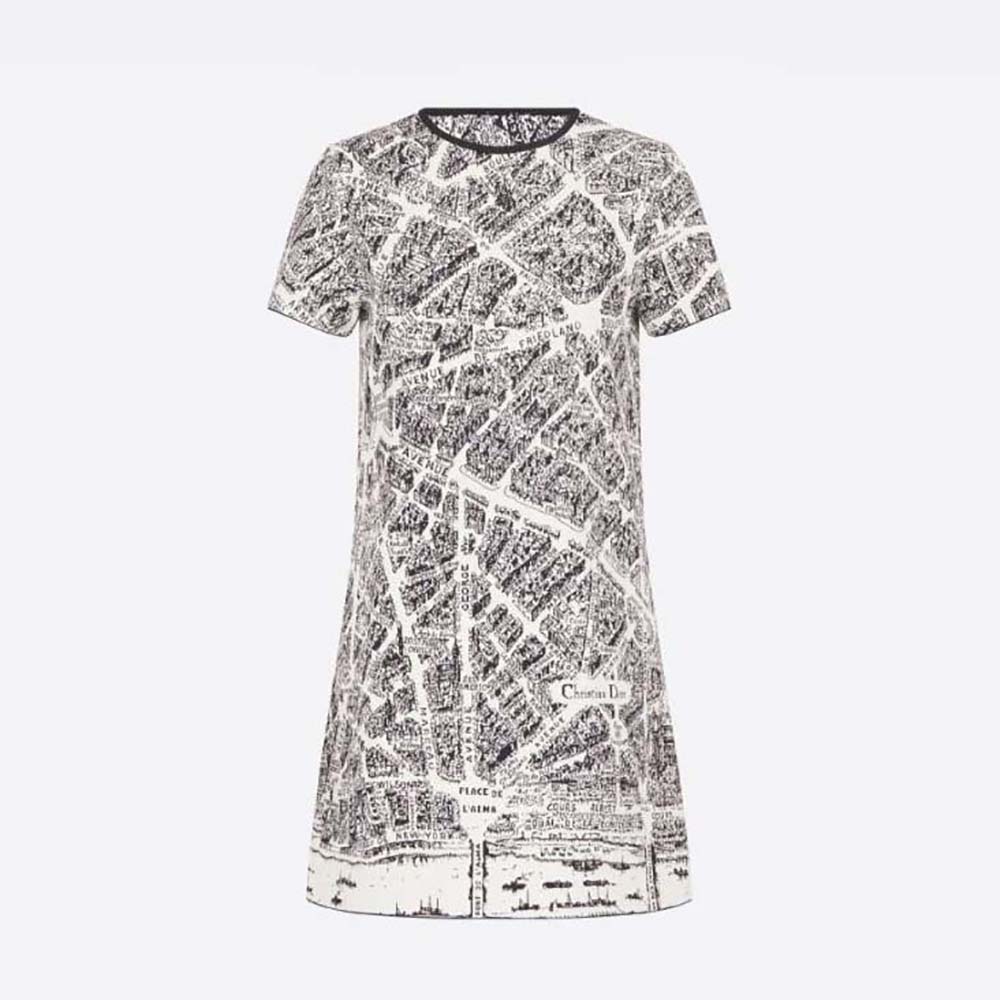 Front view of Dior Women Short Dress White and Black Technical Mesh with Plan De Paris Motif