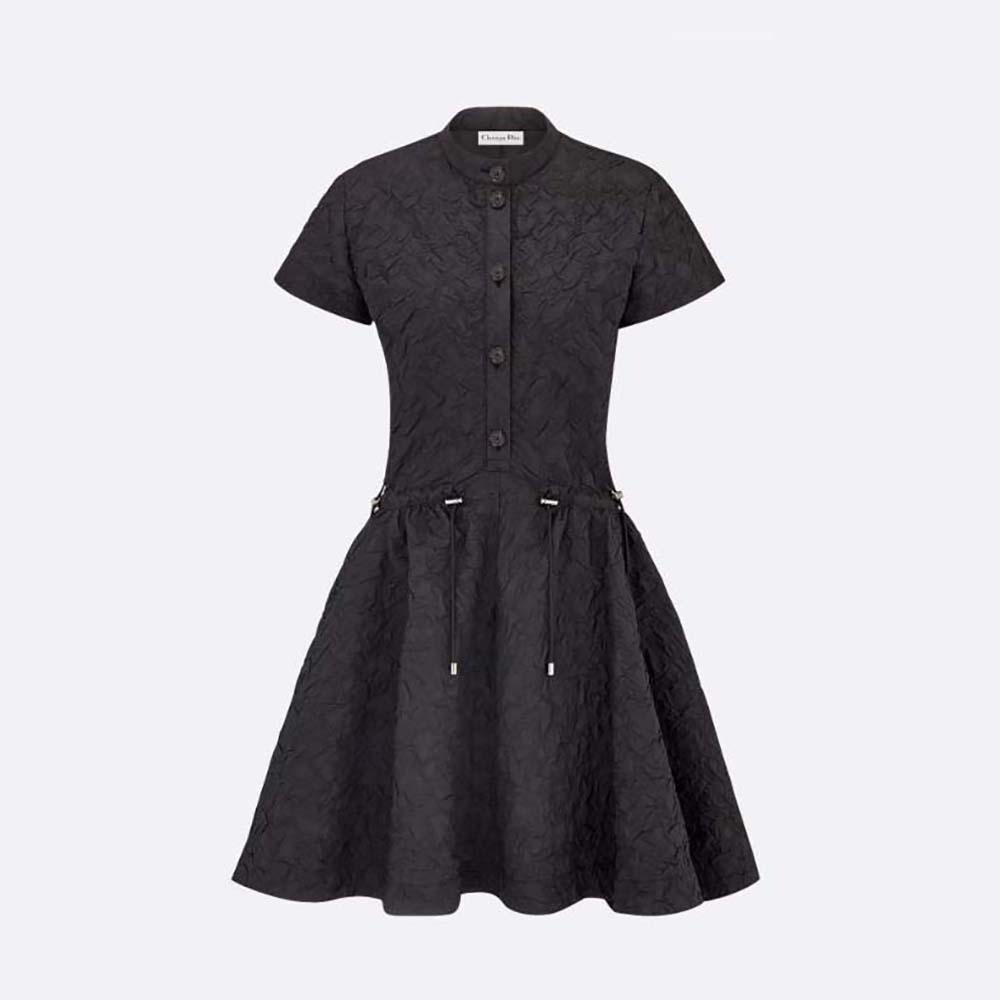 Front view of Dior Women Short Flared Dress Black Matte Cloqué-Effect