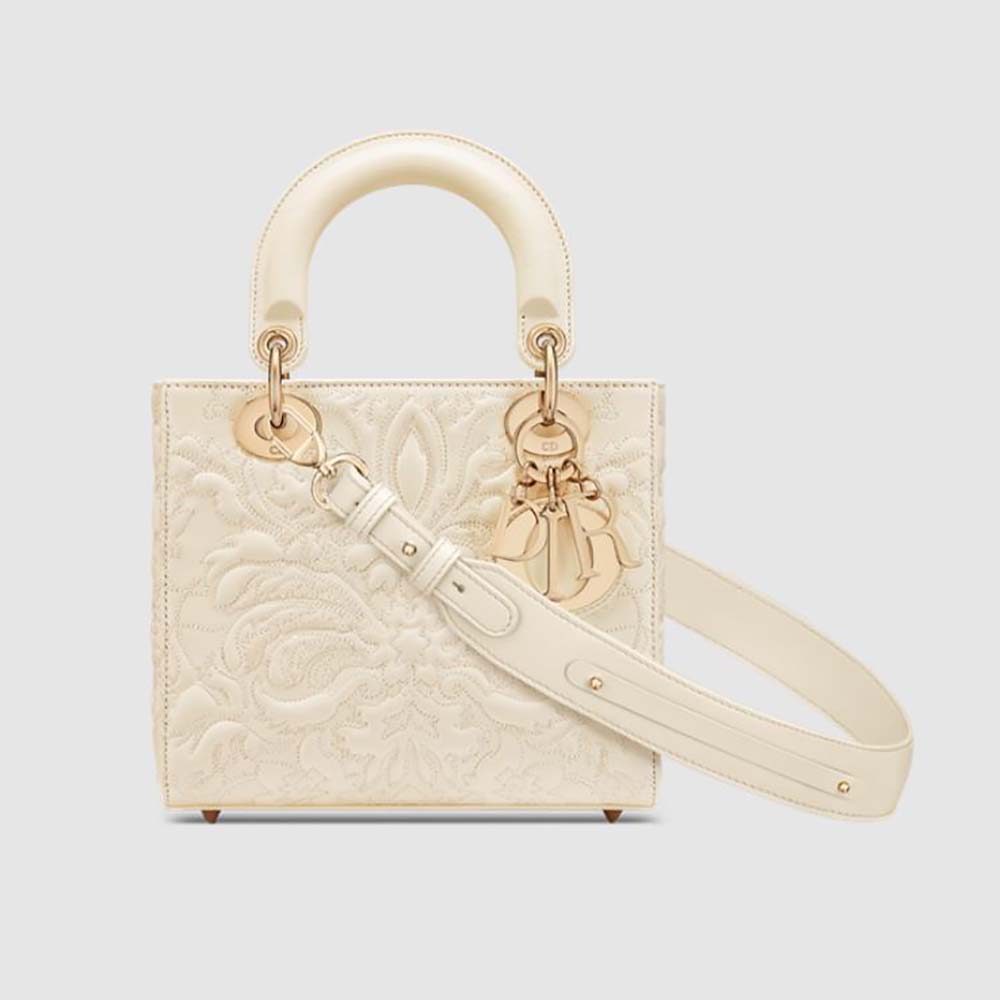 Front view of Dior Women Small Lady Dior my Abcdior Bag in white lambskin