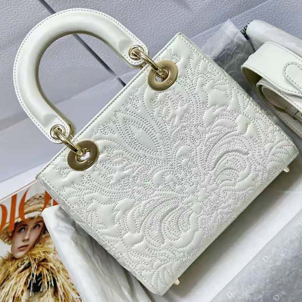 Side angle showcasing structured silhouette of Dior Women Small Lady Dior my Abcdior Bag