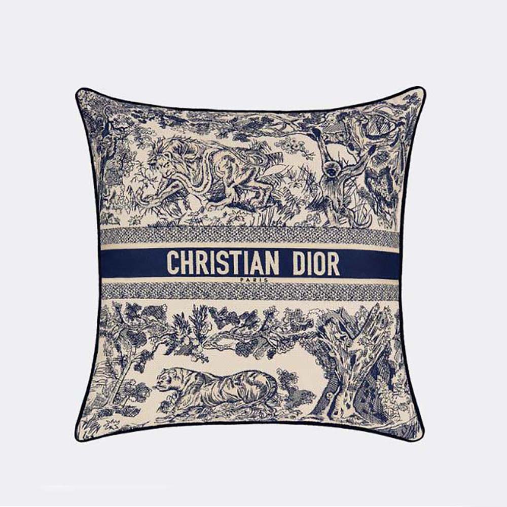 Front view of Dior Women Square Pillow Blue Toile de Jouy showcasing print