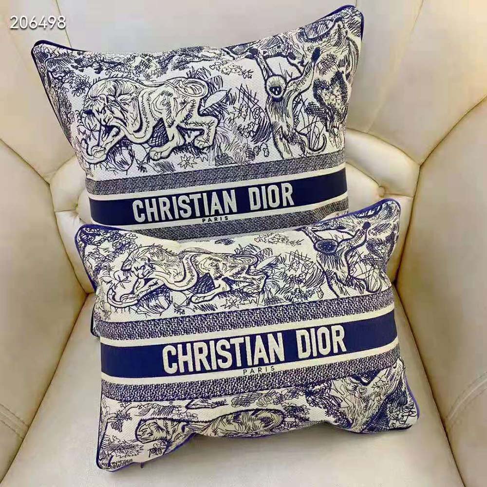 Side angle highlighting silhouette and fabric texture of Dior Women Square Pillow Blue Toile de Jouy