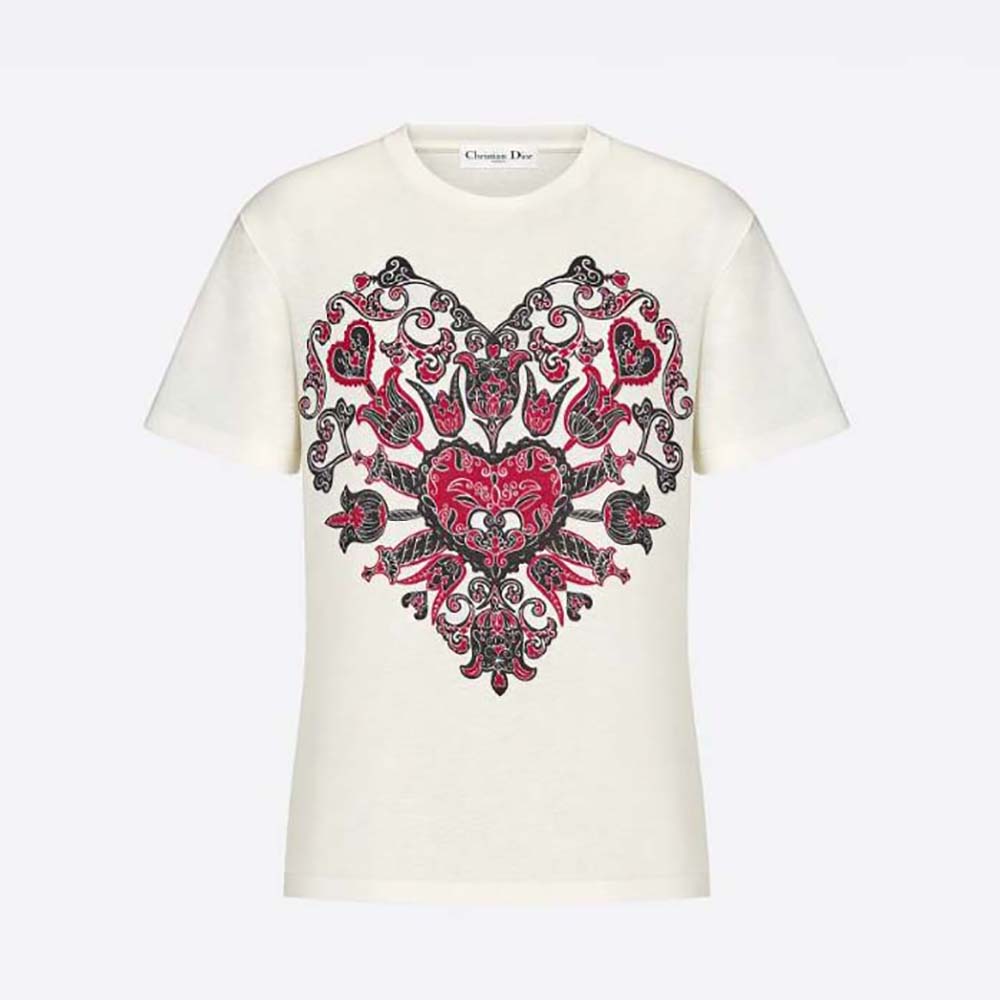 Front view of Dior Women T-Shirt Ecru Cotton Jersey and Linen with Dior Bandana Motif