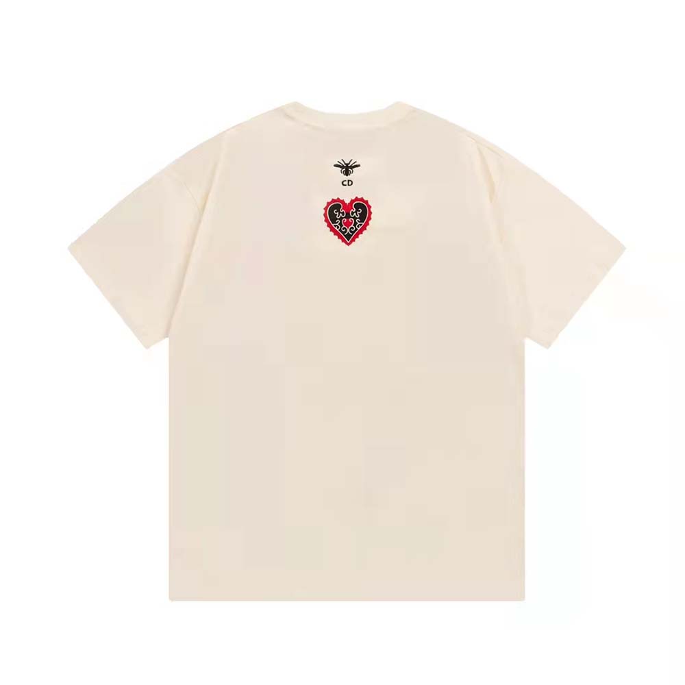 Side profile showing relaxed fit of Dior Women T-Shirt Ecru Cotton Jersey and Linen with Dior Bandana Motif