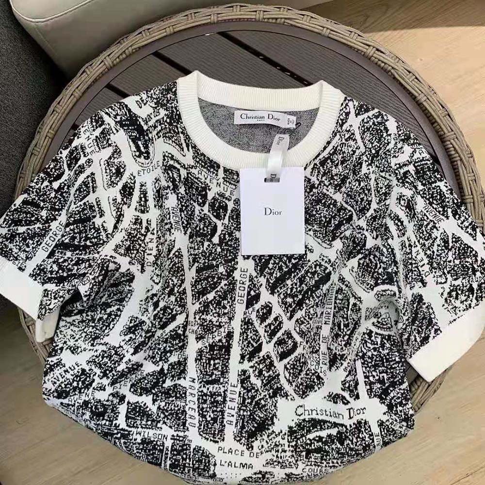 Dior Women T-shirt White and Black Linen, Cashmere and Silk Knit with Plan de Paris Motif - image 4