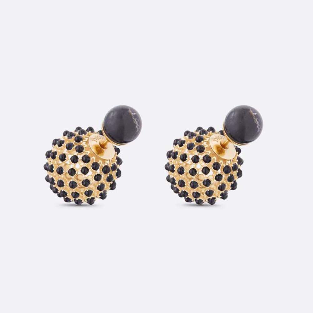 Close-up of Dior Women Tribales Earrings gold-finish metal and black pearls