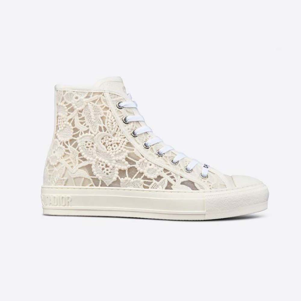 Side view of Dior Women Walk’N’Dior High-Top Sneaker White Macramé Embroidered Cotton