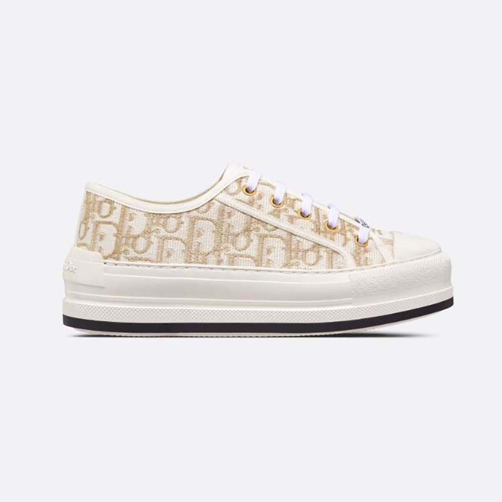 Side view of Dior Women Walk’N’Dior Platform Sneaker in gold embroidery