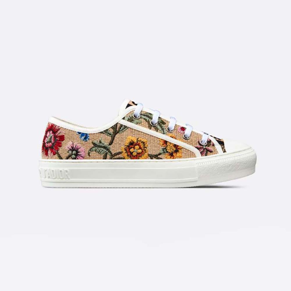Side view of Dior Women Walk’N’Dior Sneaker Beige Multicolor Raffia Embroidered