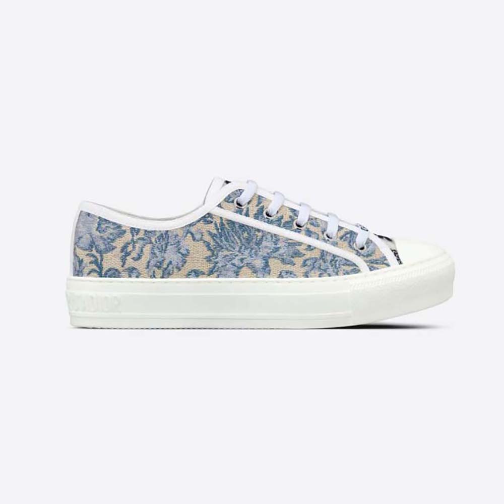 Side profile of Dior Women Walk’N’Dior Sneaker Duck Blue with gold embroidery