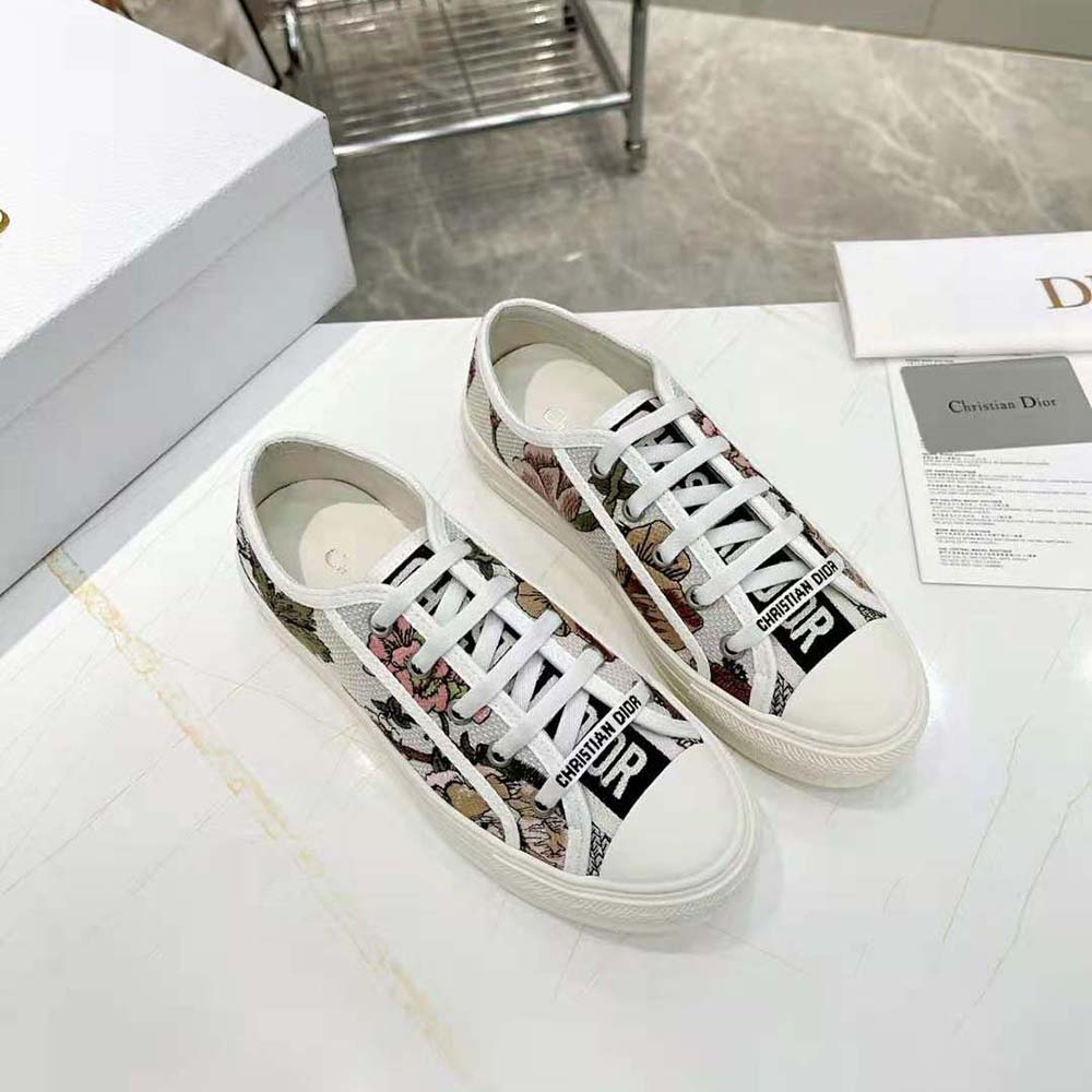 Close-up detail of Dior Jardin Botanique embroidery on sneaker upper