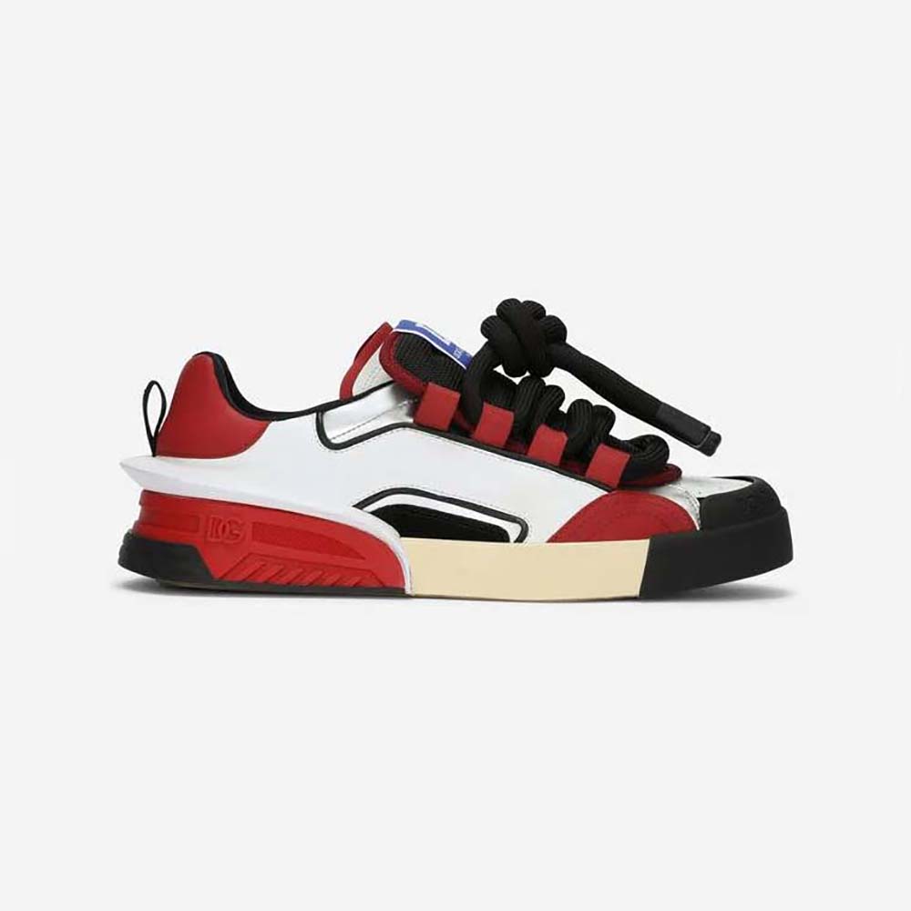 Side angle of Dolce Gabbana D&G Unisex Mixed-Material Portofino Sneakers in red