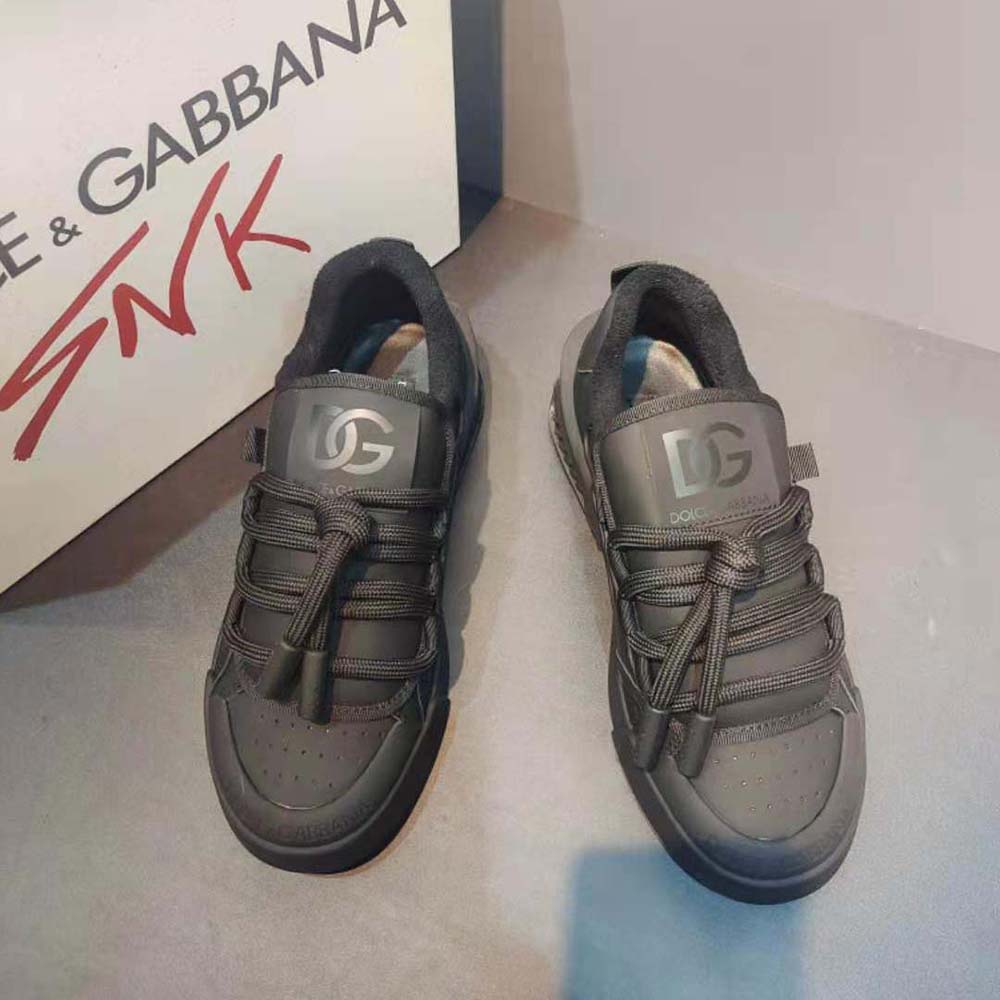 Close-up on black leather and mesh details of Dolce Gabbana D&G Portofino Sneakers