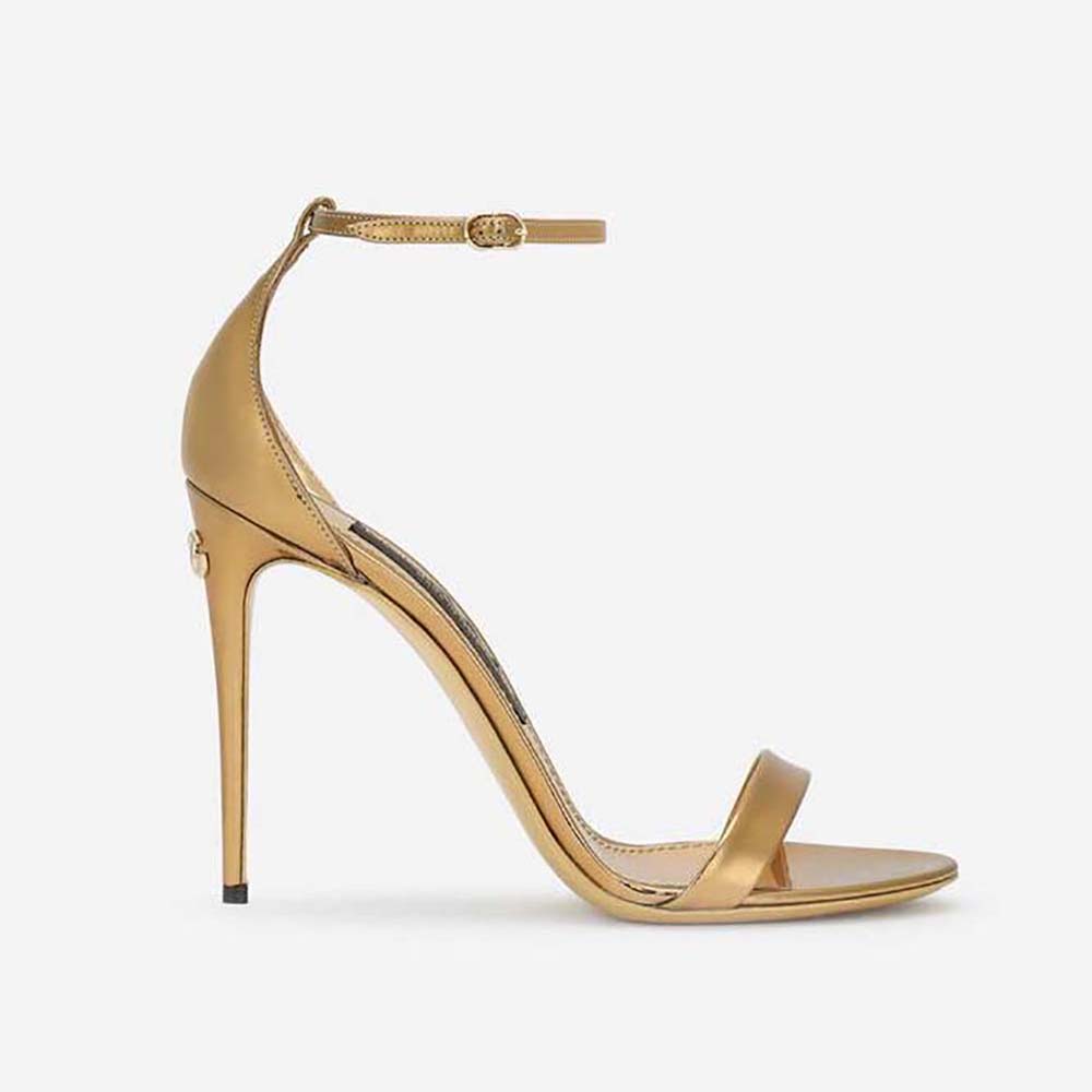 Side view of Dolce Gabbana D&G Women Mirrored-Effect Calfskin Sandals-Gold