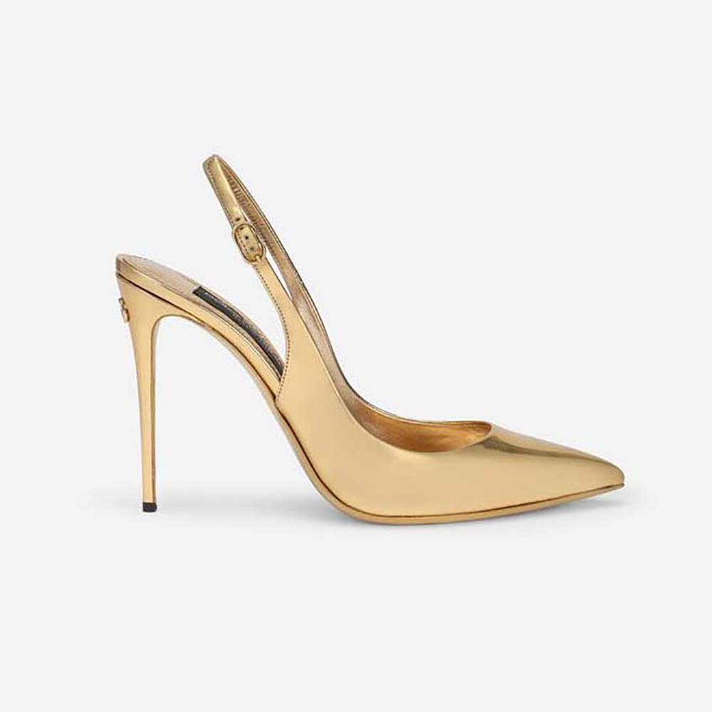 Side profile of Dolce Gabbana D&G Women Mirrored-Effect Calfskin Slingbacks in gold