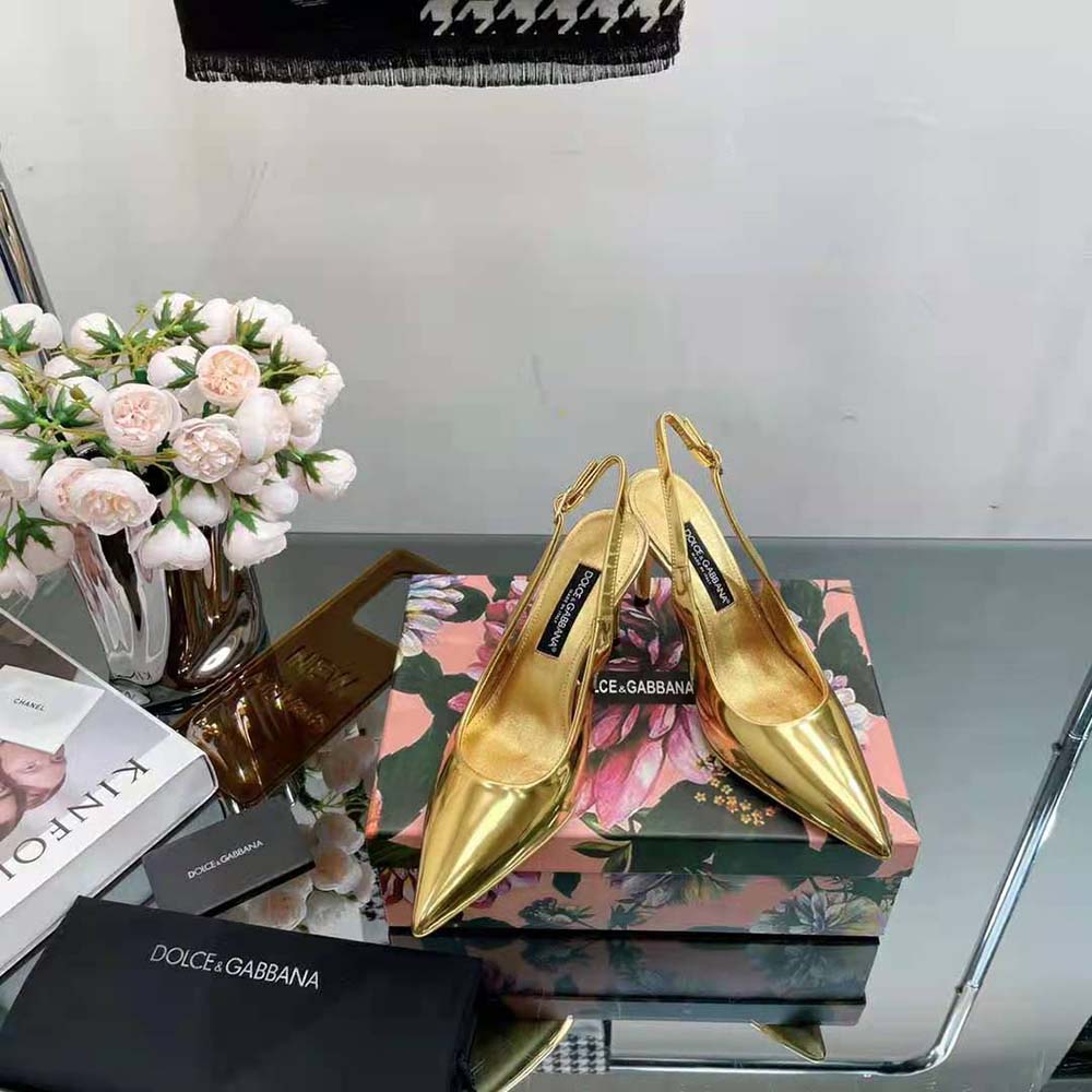 Close-up of gold-tone buckle on Dolce Gabbana D&G Women Mirrored-Effect Calfskin Slingbacks