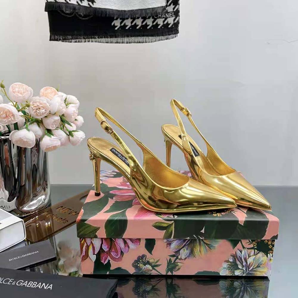 Rear view showing slingback strap of Dolce Gabbana D&G Women Mirrored-Effect Calfskin Slingbacks