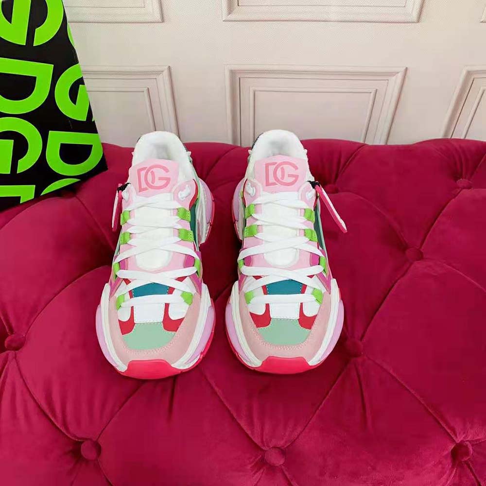 Close-up of pink leather and mesh materials on Dolce Gabbana Airmaster Sneakers