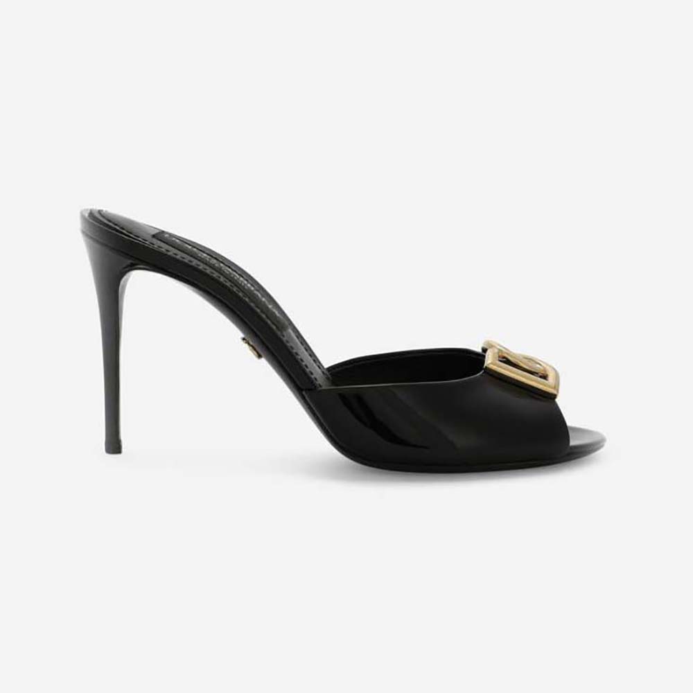 Side view of Dolce Gabbana D&G Women Patent Leather Mules with DG Logo-Black