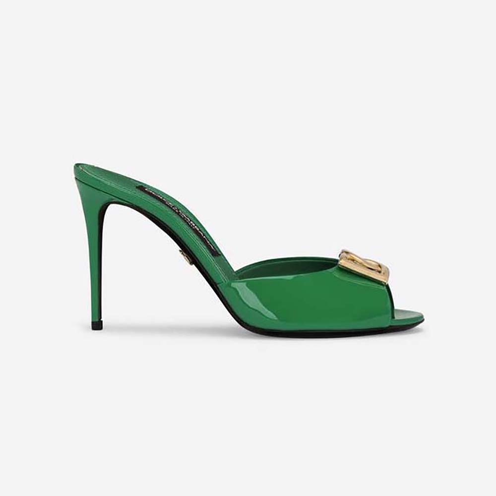 Side view of Dolce Gabbana D&G Women Patent Leather Mules with DG Logo-Green