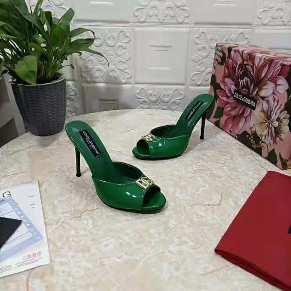 Top angle showing open back and glossy finish of Dolce Gabbana D&G mules