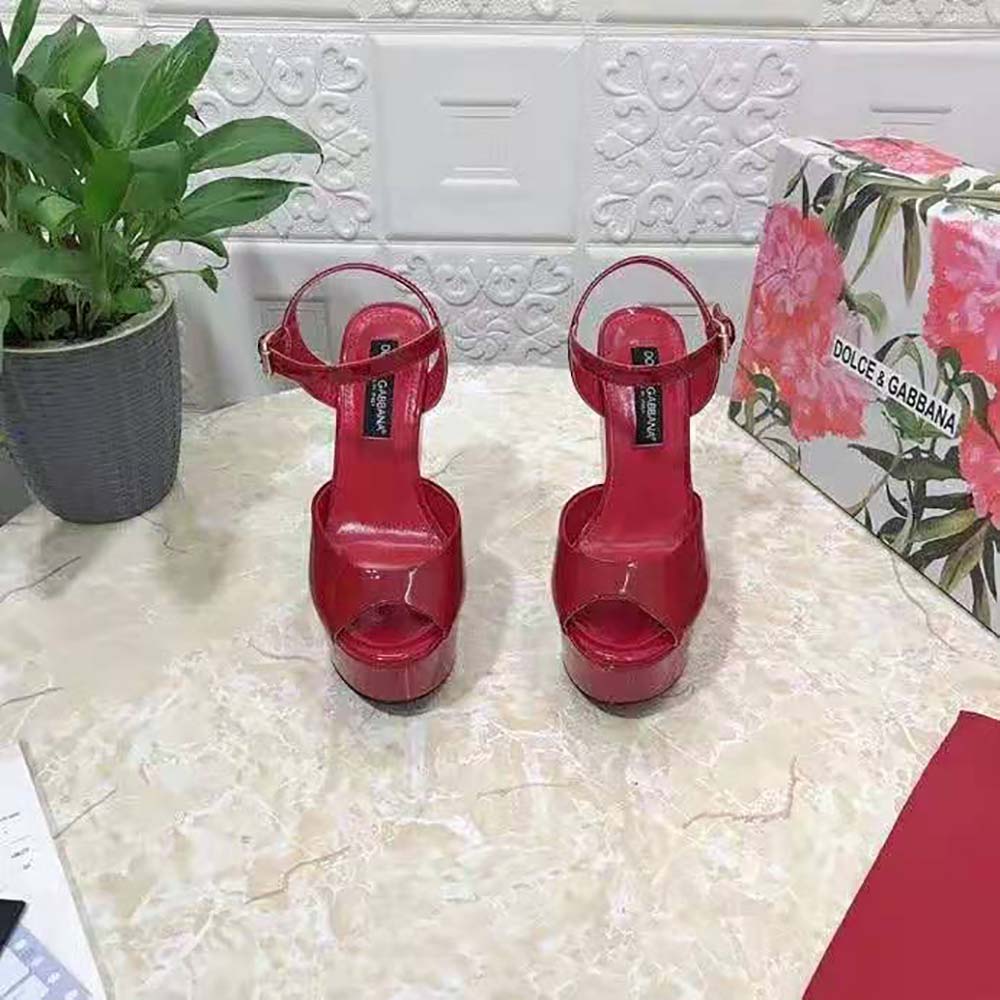 Top view of open toe silhouette on Dolce Gabbana D&G Women Patent Leather Wedges-Red
