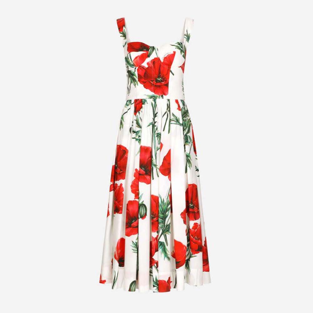Front view of Dolce Gabbana D&G Women Poppy-Print Poplin Dress with Circle Skirt