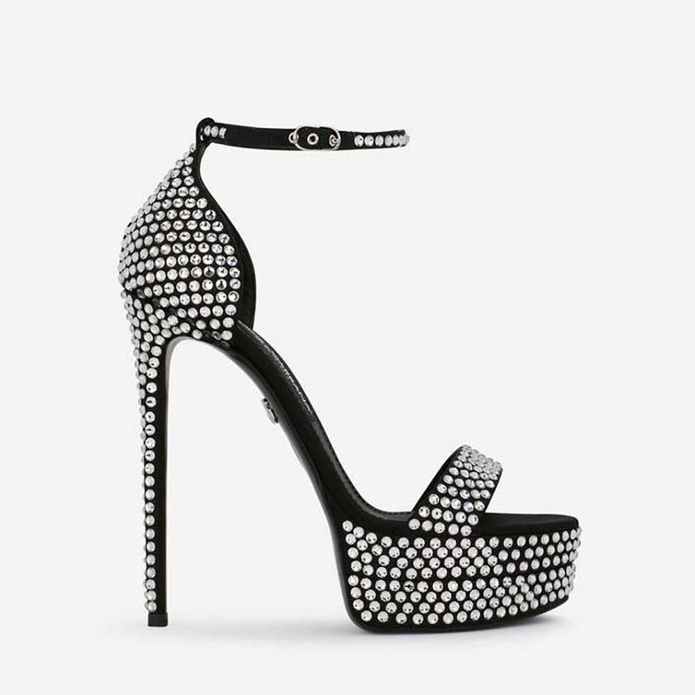 Side view of Dolce Gabbana D&G Women Satin Platform Sandals with Rhinestones