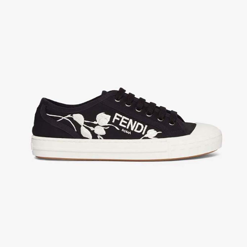 Side view of Fendi Men Domino Black Canvas Low Tops in black
