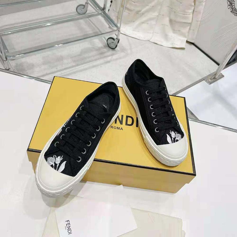 Top-down angle showing laces of Fendi Men Domino Black Canvas Low Tops