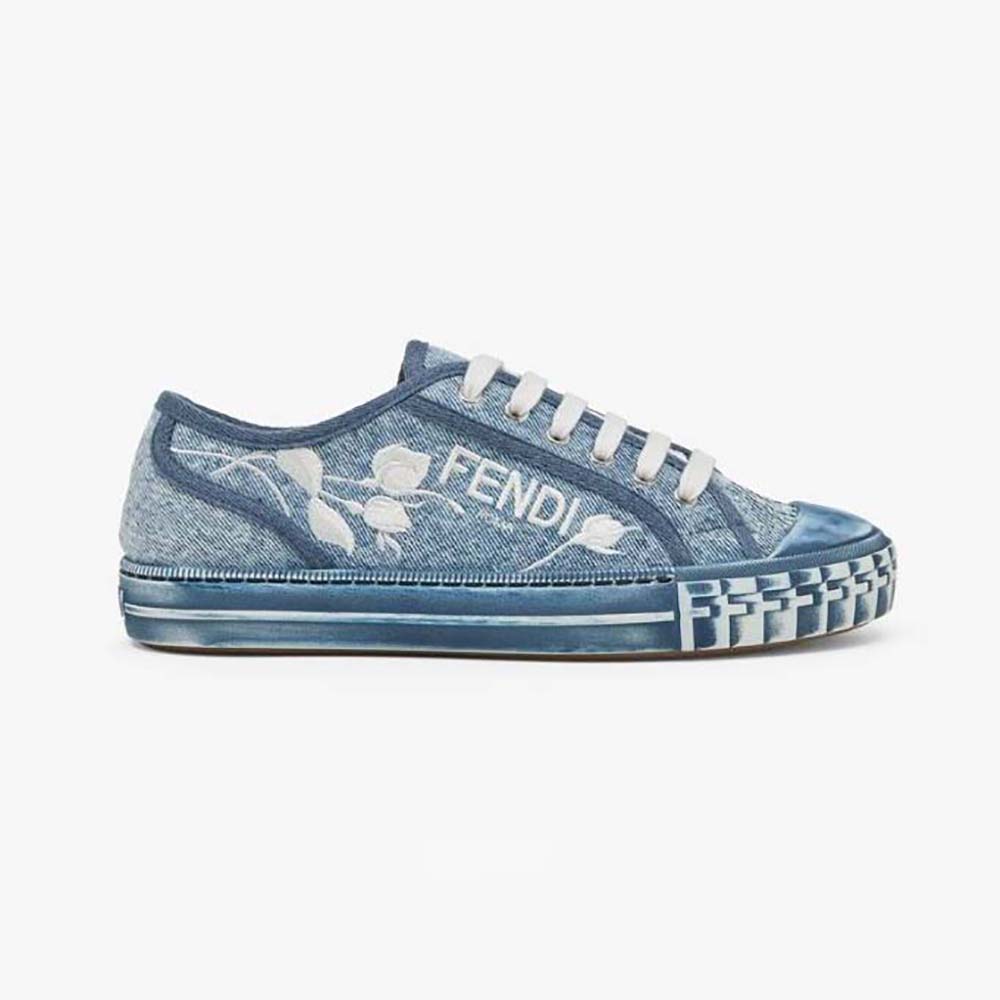 Side profile of Fendi Men Domino Light Blue Denim Low Tops on white background