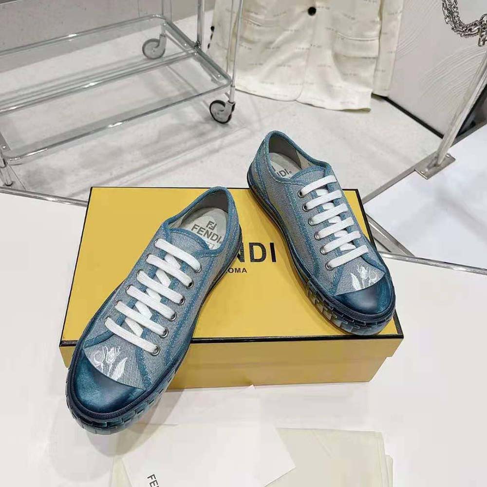 Top view showing lace-up design of Fendi Men Domino Light Blue Denim Low Tops
