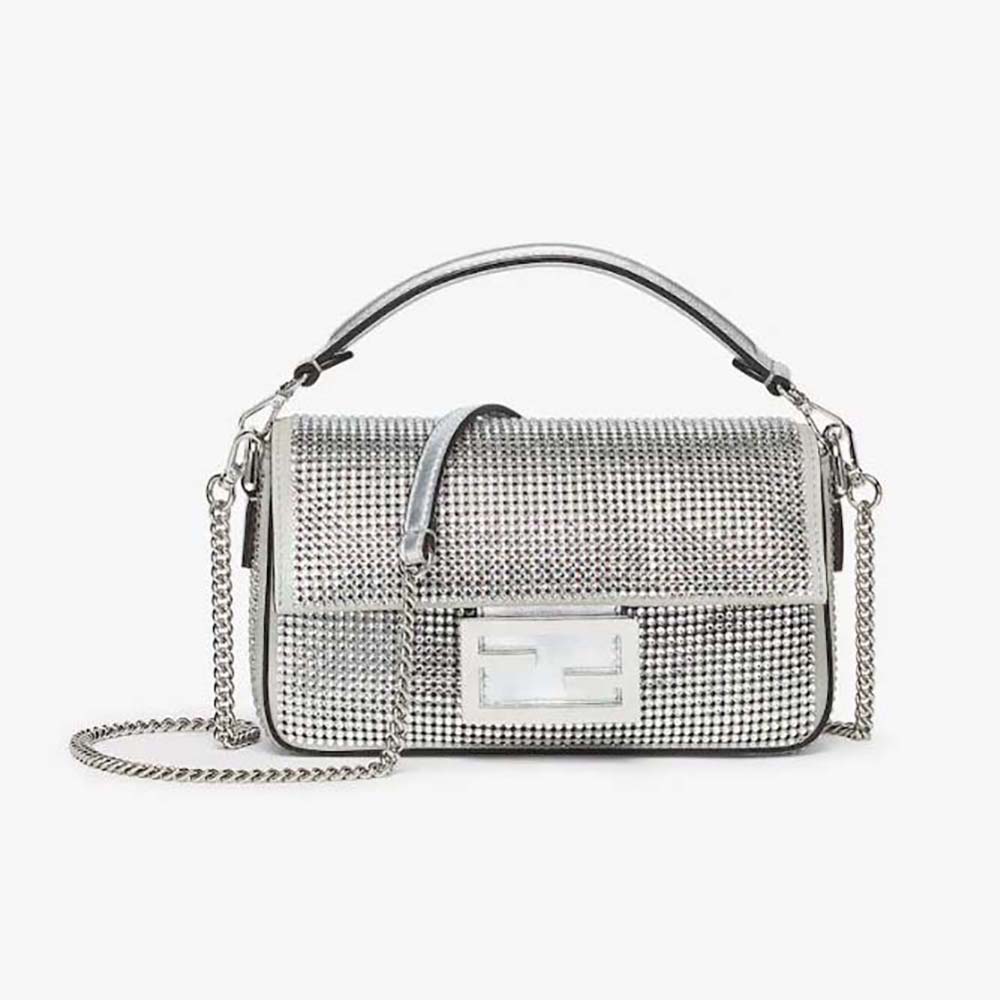 Front view of Fendi Women Baguette Mini Silver Crystals Bag showing sparkle
