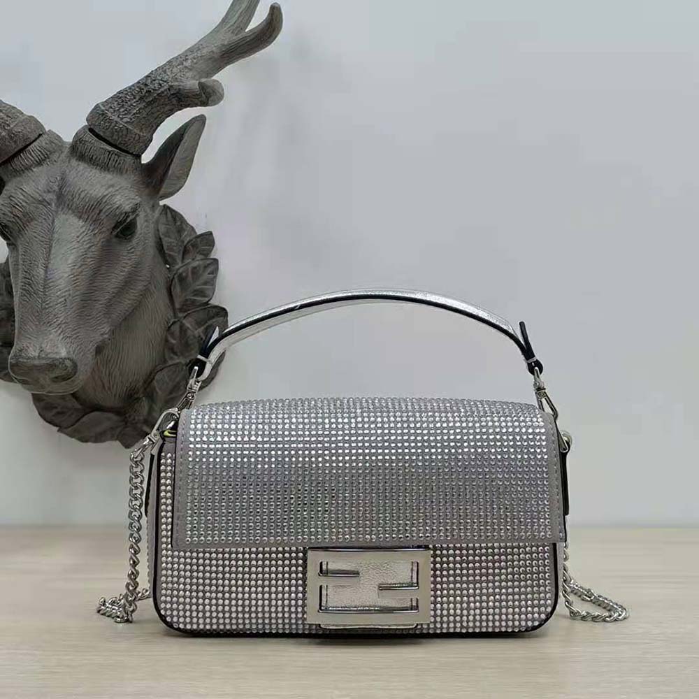 Close-up detail of silver crystals on Fendi Women Baguette Mini Bag