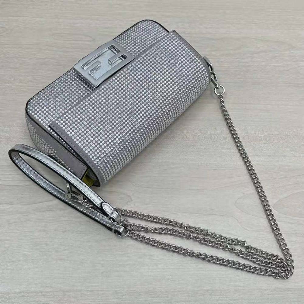 Fendi Women Baguette Mini Silver Crystals Bag - image 5