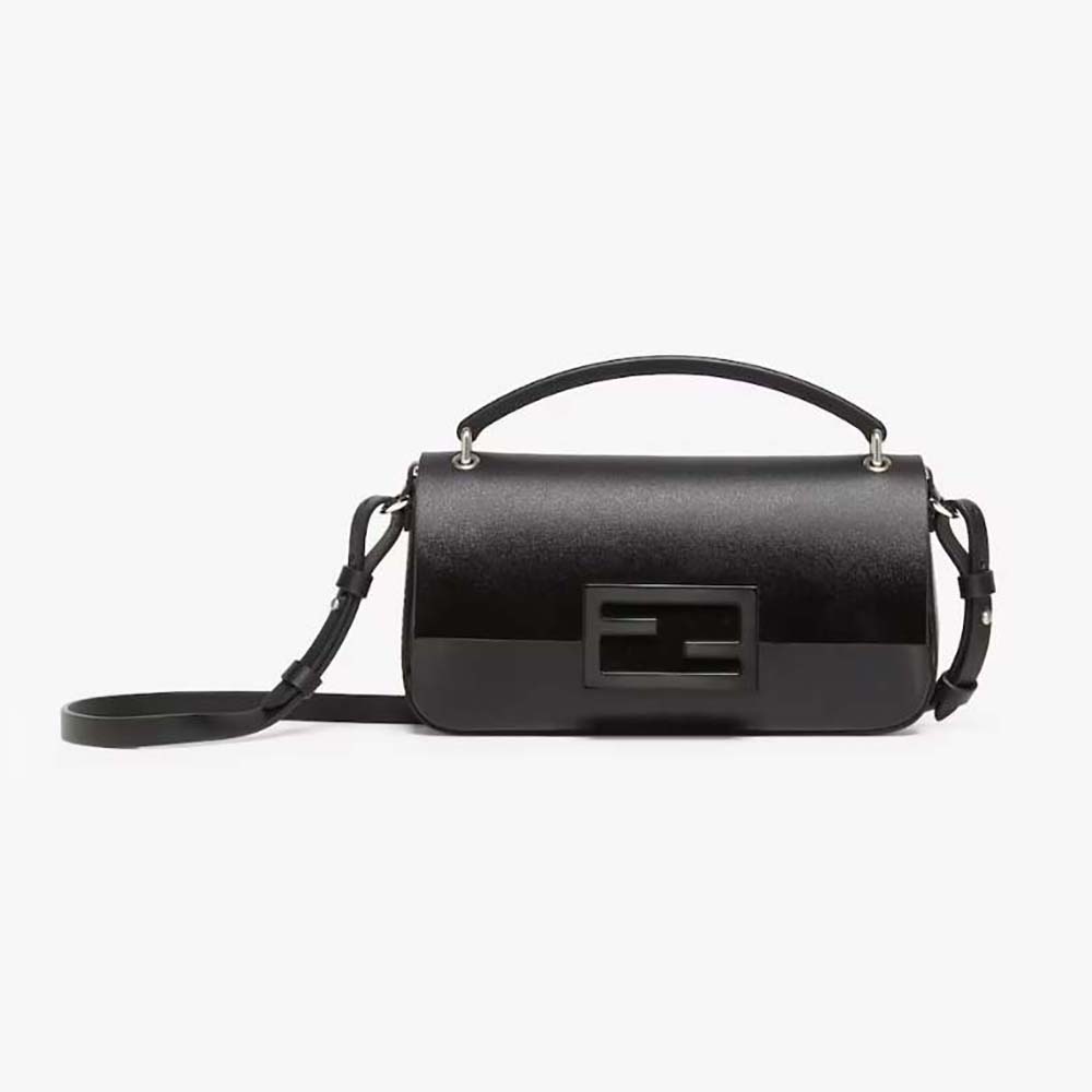 Front view of Fendi Women Baguette Phone Pouch Black Patent Leather Pouch