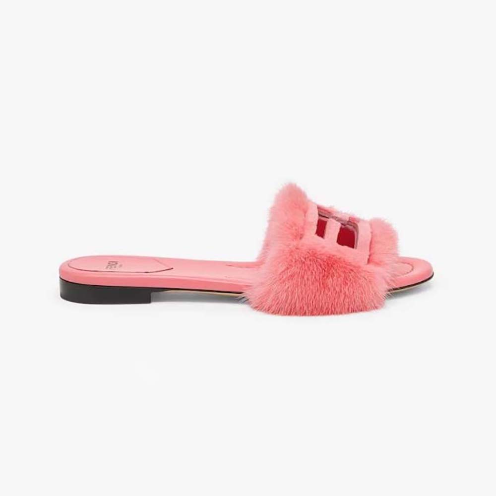 Side view of Fendi Women Baguette Pink Mink Slides showing pink mink texture