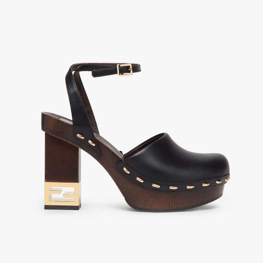 Side view of Fendi Women Baguette Show Black Leather High-Heeled Clogs