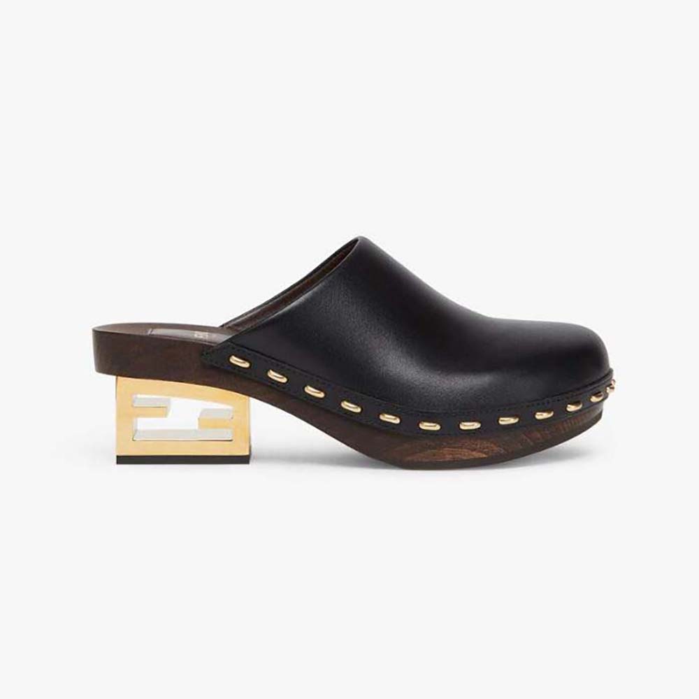 Side view of Fendi Women Baguette Show Black Leather Medium-Heel Clogs