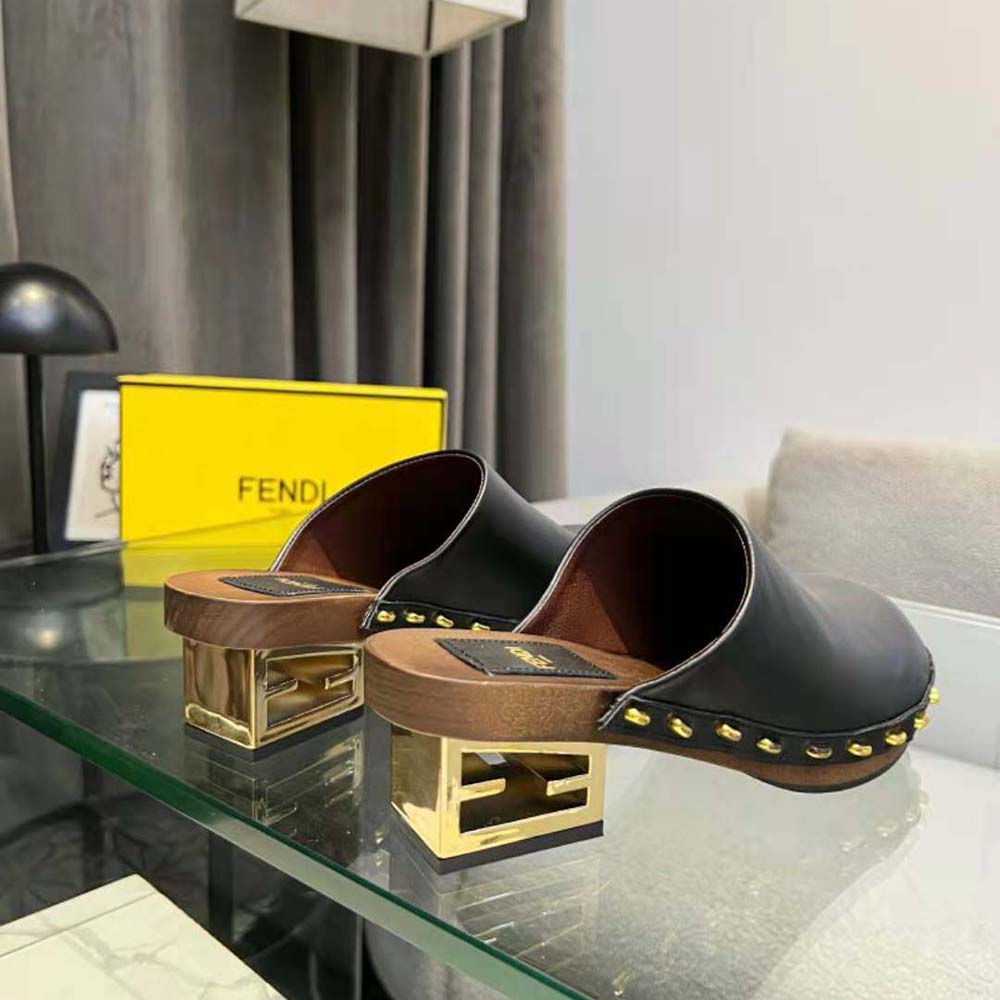 Fendi Women Baguette Show Black Leather Medium-Heel Clogs - image 10