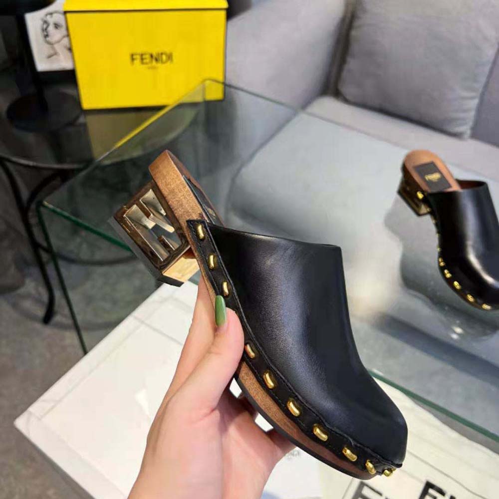 Fendi Women Baguette Show Black Leather Medium-Heel Clogs - image 6