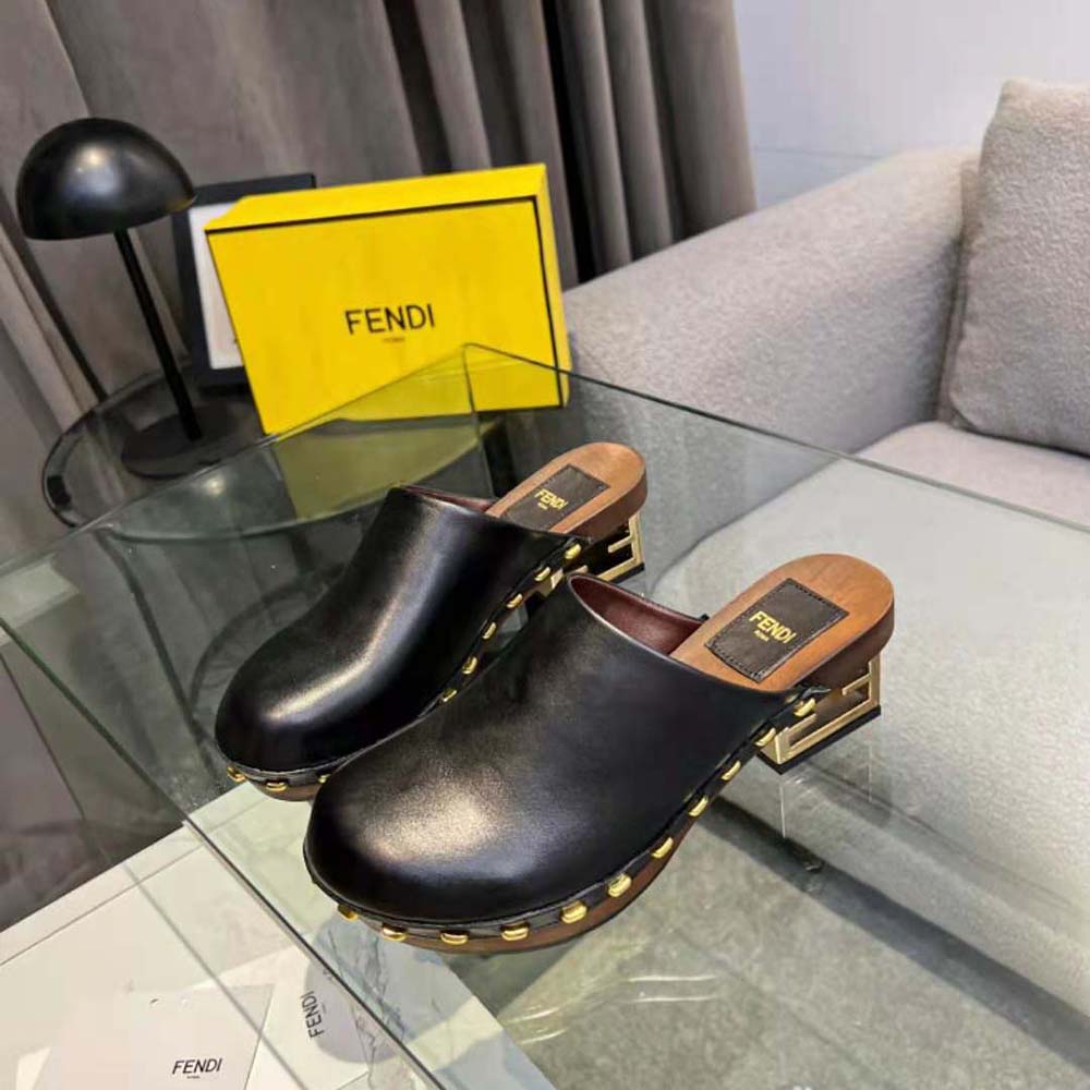 Fendi Women Baguette Show Black Leather Medium-Heel Clogs - image 4