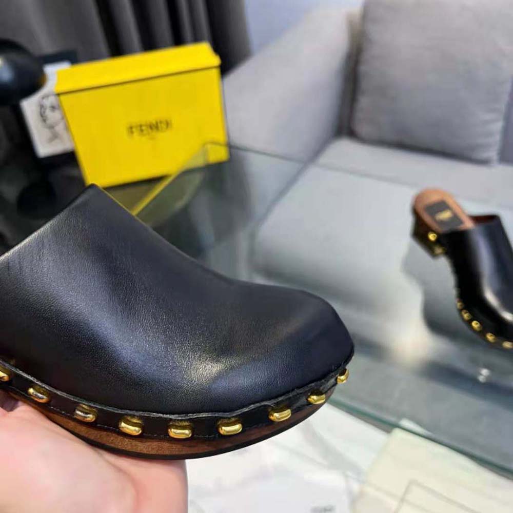Fendi Women Baguette Show Black Leather Medium-Heel Clogs - image 8