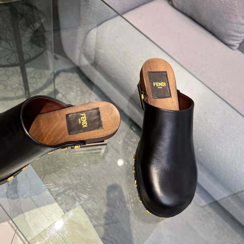 Fendi Women Baguette Show Black Leather Medium-Heel Clogs - image 5