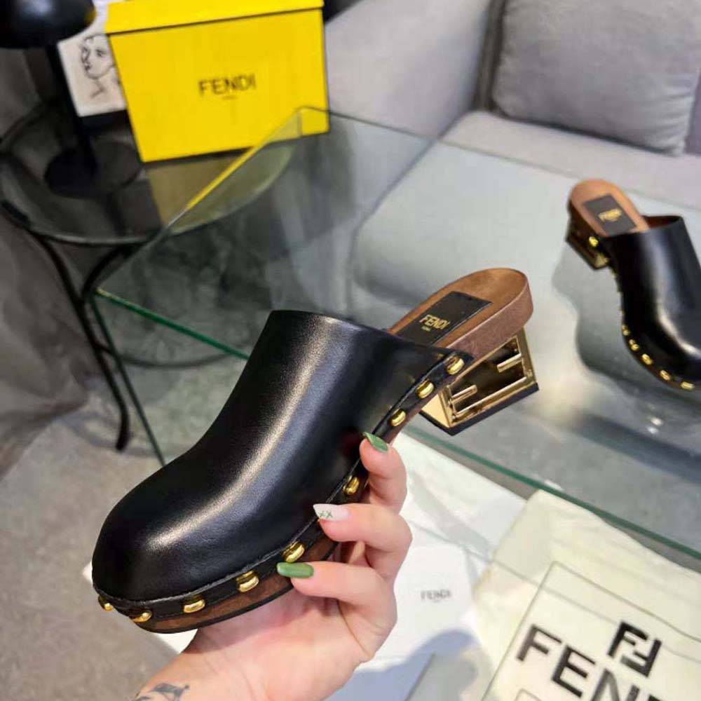 Fendi Women Baguette Show Black Leather Medium-Heel Clogs - image 7