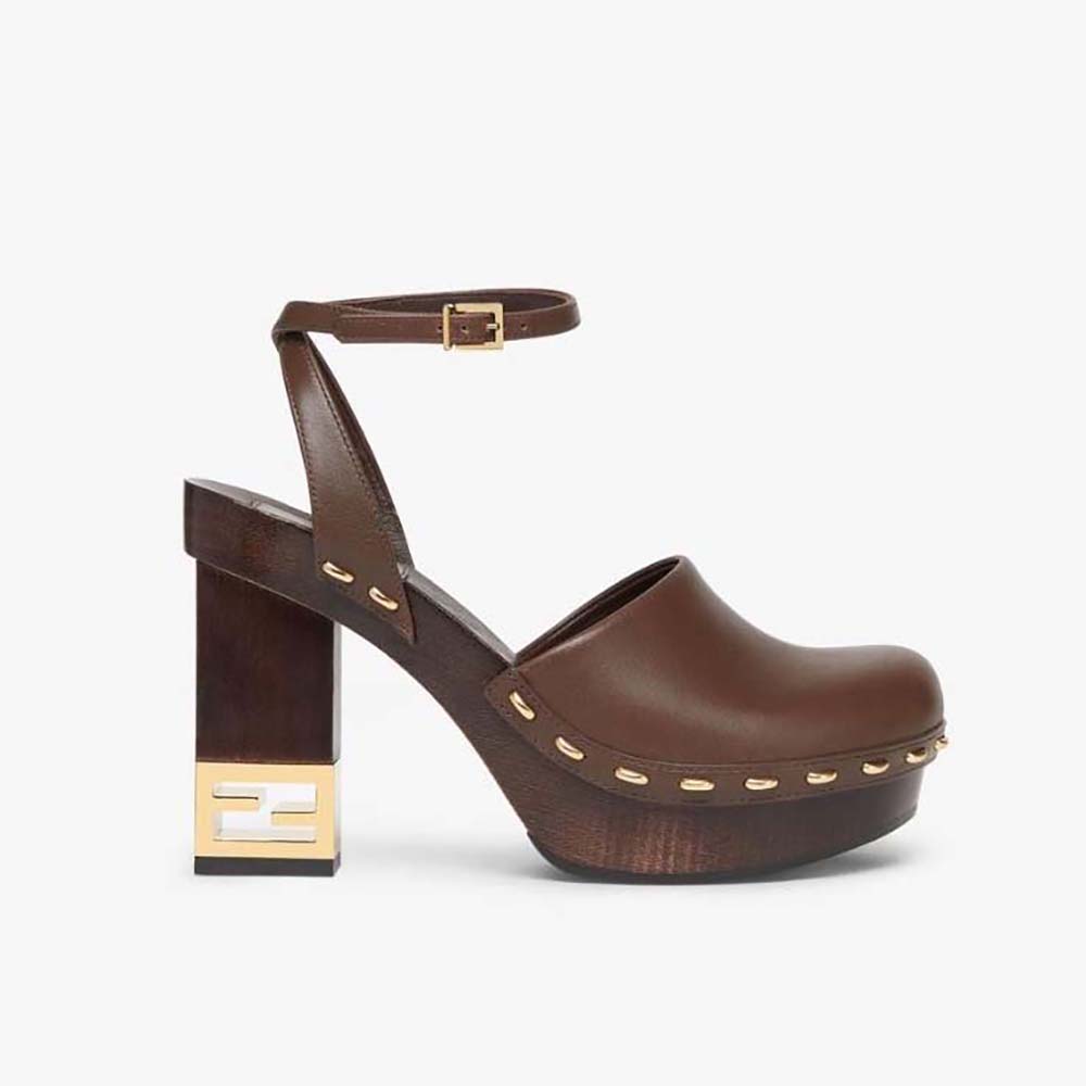 Side view of Fendi Women Baguette Show Brown Leather High-Heeled Clogs