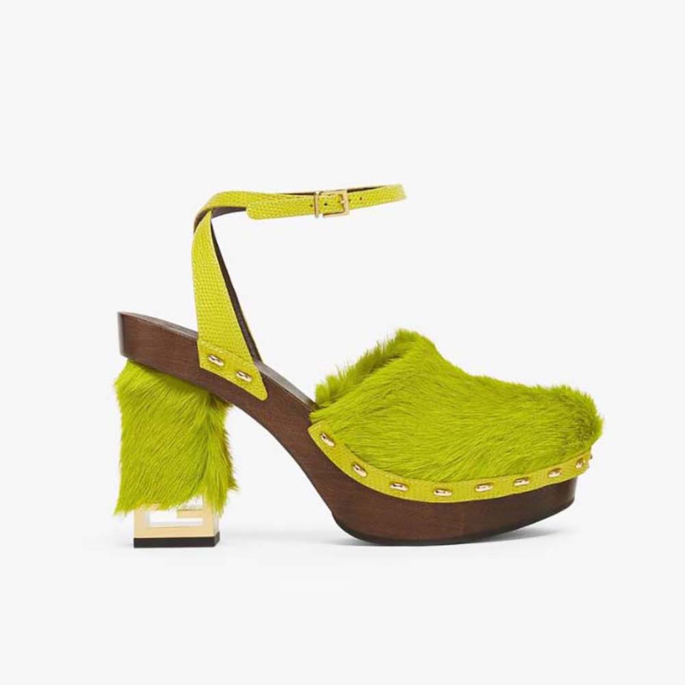 Side view of Fendi Women Baguette Show Green Pony Hair High-Heeled Clogs
