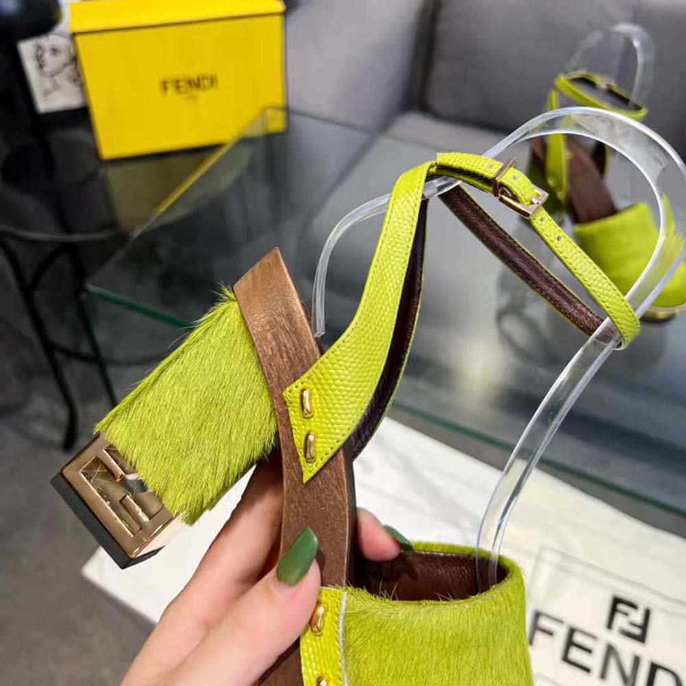 Fendi Women Baguette Show Green Pony Hair High-Heeled Clogs - image 8
